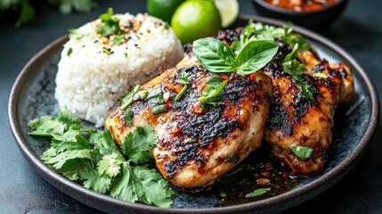 Grilled Chicken Breast with Fresh Herbs, Rice, and Lime on a Black Plate Garnished with Cilantro and Chili Sauce