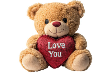 Obraz premium A Heartwarming Teddy Bear Clutching A Crimson Heart That Whispers Love You, A Perfect Valentines Day Gift Against A Bright Isolated on Transparent Background