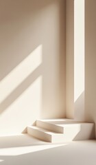 Fototapeta premium Soft light illuminates minimalist architecture featuring steps and walls in a serene indoor setting during golden hour