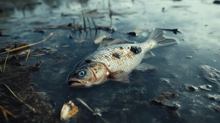 A lifeless fish with visible decay and dark spots floats in murky polluted water surrounded by debris and dead leaves illustrating effects of environmental contamination and ecosystem damage