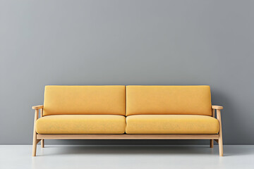 Mustard yellow fabric sofa with light wood frame against gray wall