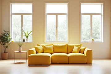 living room with yellow couch and three windows
