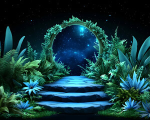 Mystical portal framed by lush foliage, leading to a starry night sky