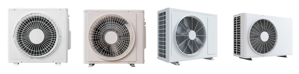 A collection of various air conditioning systems and related cooling equipment used in residential and commercial settings to control indoor temperature and climate