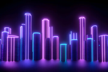 Obraz premium Neon cityscape at night, vibrant purple and blue glowing skyscrapers