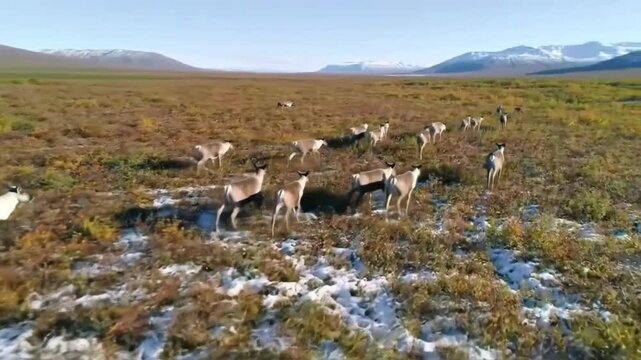 Herd of reindeer migrating across a vast tundra landscape during late summer in Alaska's wilderness