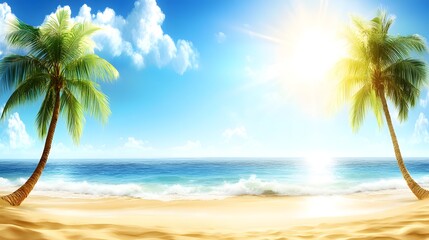 Obraz premium Sunny beach scene with palm trees, ocean, and bright sky background