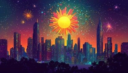 Vibrant city skyline at sunset with fireworks, colorful urban landscape reflecting joy, celebration, and excitement for nightlife, perfect for festive occasions