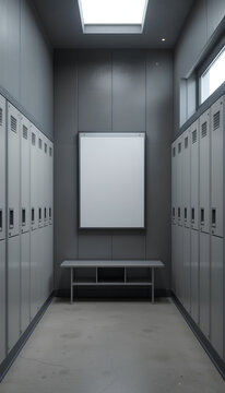 Modern locker room interior with empty frame for gym mockup