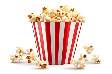 Popcorn in striped bucket isolated on white background