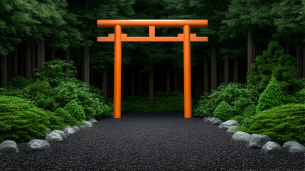 Orange torii gate stands at a dark forest's entrance, path lined with lush greenery and stones
