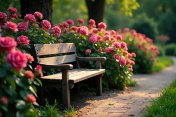 Wooden bench nestled amongst vibrant pink rose bushes , blossom, summertime