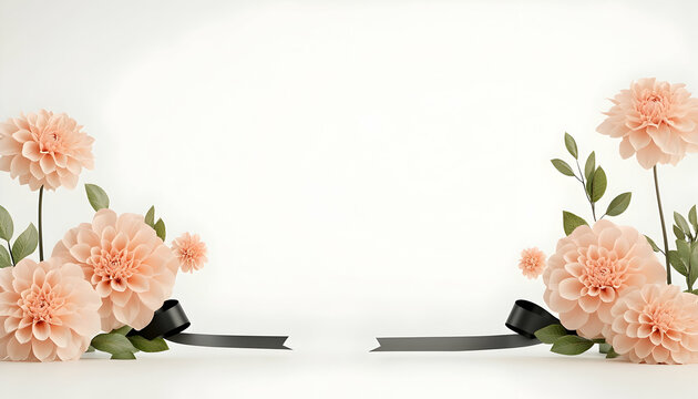 Peach dahlia flowers with black ribbons on white background