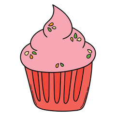 Hand drawn cartoon cupcake on white background.