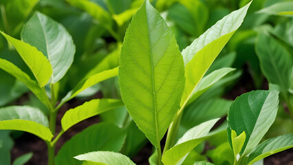 The character of verdant leaves in a summer garden. These natural green plants provide an ideal spring background, enhancing the greenery of the environment and serving as an ecological wallpaper