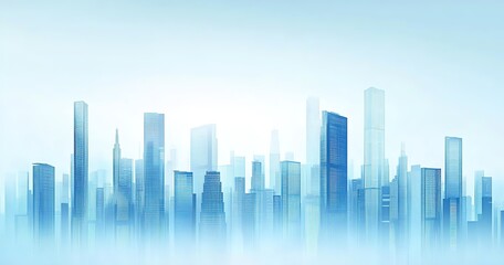 Naklejka premium Urban blue gradient business city skyline with tall buildings, designed for decorative murals and as a design background for urban development concepts.