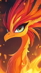 Obraz premium Cartoon Character colorful fantasy Cartoon Character colorful fantasy, a fiery phoenix girl with vibrant feathers, rising from magical flames with an intense gaze