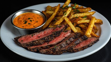 Bottom Round concept. Grilled steak served with crispy golden fries on a plate