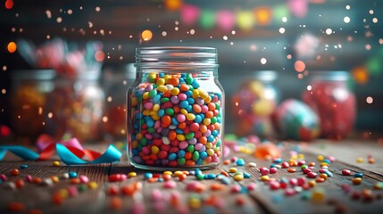 A rustic table covered with jars of assorted candies, surrounded by colorful confetti and ribbons