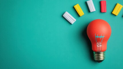 strategic marketing advertising target audience concept. Bright red light bulb surrounded by colorful pieces on a teal background.