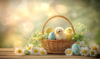 A cheerful Easter centerpiece featuring a basket filled with painted eggs, fluffy chicks, and daisies,   placed on a wooden table