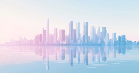 Colorful water surface gradient business city contour skyline, suitable for decorative murals, and can also be used as a design background for urban development concepts.