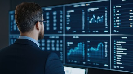 strategic marketing advertising target audience concept. Business professional analyzing data on multiple screens.