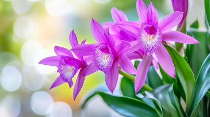 Obraz premium Vibrant pink orchid bloom gracefully against a soft, blurred green background, showcasing nature's beauty