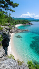 Secluded cove with pristine, turquoise water, white sand beach, and lush green cliffs
