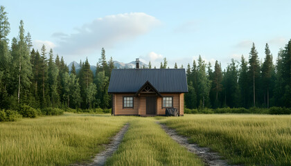 Secluded wooden cabin in a grassy field, nestled amidst a tranquil forest and majestic mountains under a serene sky
