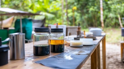 A rustic outdoor workspace featuring various jars and tools amidst a lush green forest setting