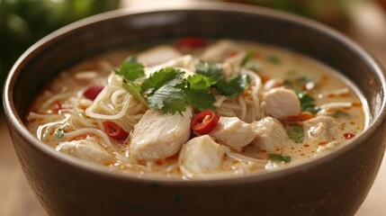 Delicious chicken noodle soup with herbs, spices, and fresh ingredients in a rustic bowl, perfect for comfort food lovers
