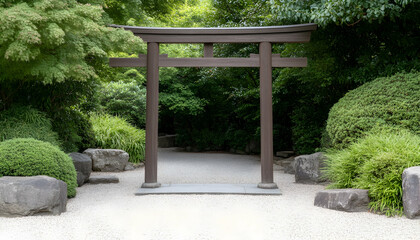 Serene garden path with traditional wooden gate leading to shaded walkway