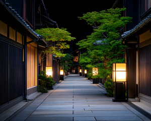 Obraz premium Serene, illuminated alleyway in a traditional Asian town at night