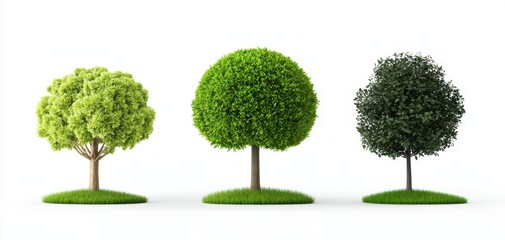 Photorealistic 3D-rendered trees in different growth stages, isolated on white, ideal for landscape planning and environmental design