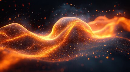 A captivating, dynamic visual effect of glowing orange particles flowing in a fiery wave evokes warmth and energy against a deep black background.