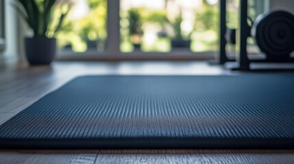 A smart exercise mat with motion sensors, home gym with mat tracking user’s workouts, Health-tech style