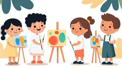 Children painting outdoors ,A joyful scene of children painting outdoors with bright colors, showcasing creativity and fun as children painting outdoors on a sunny day with smiles and laughter