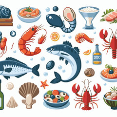 seafood, fish, restaurant, food, menu, dinner, sea, sketch, ocean, fresh, illustration, vector, vintage, market, shellfish, octopus, ink, meal, gourmet, shrimp, lobster, drawing, design, background, c
