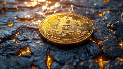 A dramatic light ray bathes a golden bitcoin on a textured surface, strikingly representing cryptocurrency and investment.