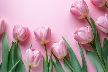 Fototapeta premium Pink Tulips Flat Lay Floral Banner for Mother’s Day with Copy Space