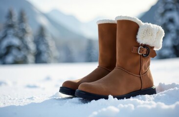Warm winter boots resting on fresh snow amid a serene mountain landscape