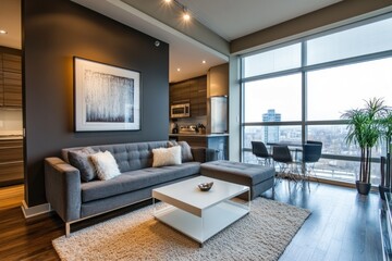 Modern condo living room with city view, grey couch, and open floor plan.