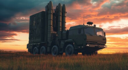 An advanced missile launcher is stationed in an open field at sunset, showcasing its formidable structure against a backdrop of colorful clouds and fading light.