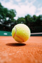 Bright yellow tennis ball bouncing on clay court with dust parti