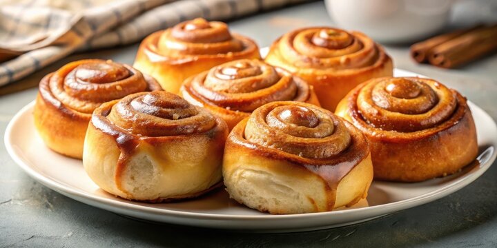 Freshly baked cinnamon buns on a white plate, with a golden brown crust and soft fluffy interior