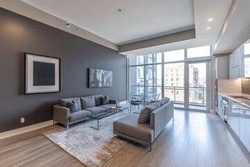 Fototapeta premium Modern condo living room with city view, hardwood floors, and grey sofas.