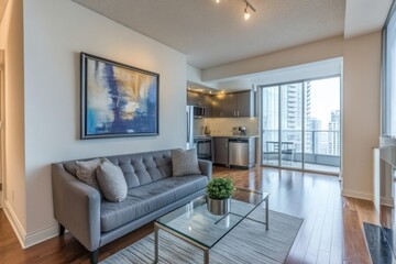 Modern condo living room with city view, sofa, and kitchen.