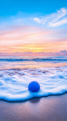 Obraz premium Serene sunset beach scene with a single blue ball in the gentle waves