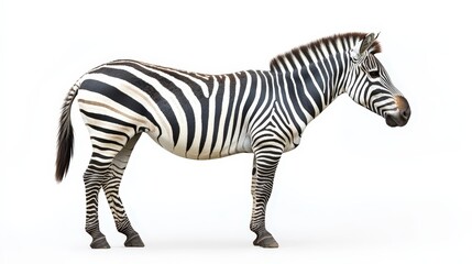 Fototapeta premium A striking zebra with bold black-and-white stripes gazes to the right, its body elegantly angled left, capturing the essence of wild grace in a vivid display of natural artistry